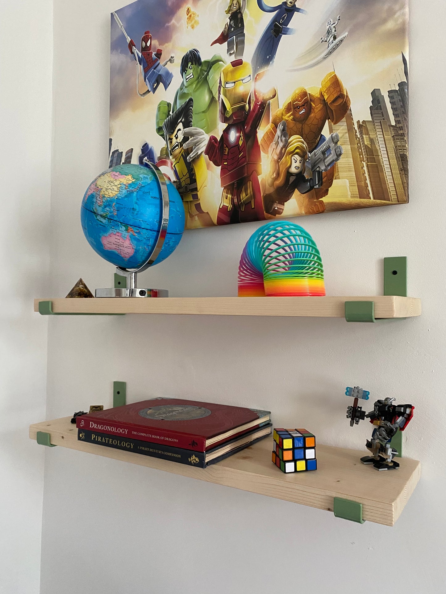 Handmade Wood Shelf from Reclaimed Scaffold Board with Pale Green Colour Steel Brackets