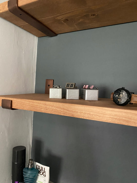 Handmade Wood Shelf from Reclaimed Scaffold Board with Copper Colour Steel Brackets