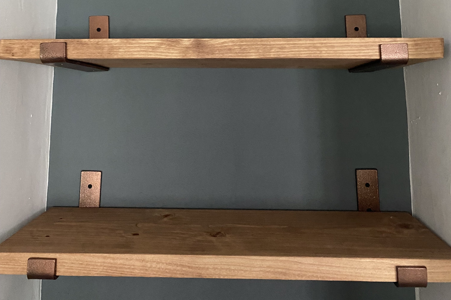 Handmade Wood Shelf from Reclaimed Scaffold Board with Copper Colour Steel Brackets