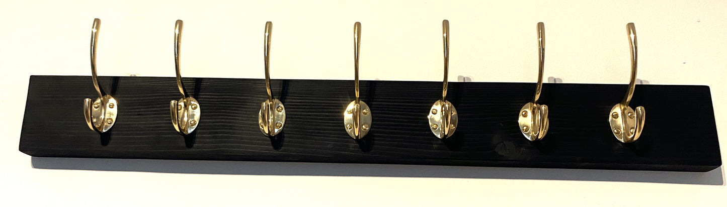 Wall Mounted Painted Wooden Coat Rack with Solid Brass Hooks in Gold