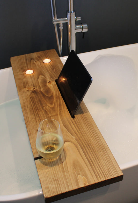 Rustic Bath Caddy Board with Wine Glass, Tablet and Tea Light Holders