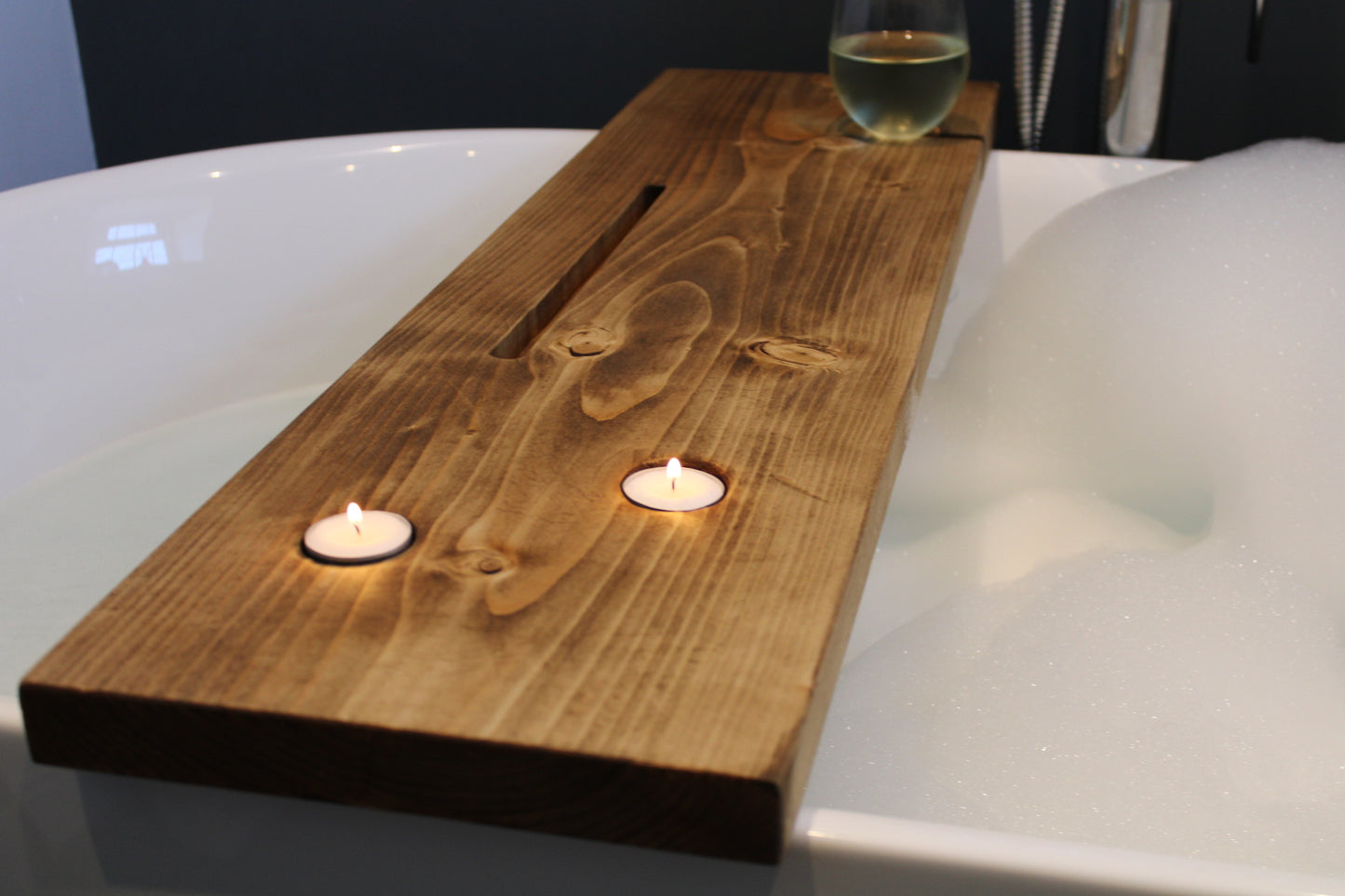 Rustic Bath Caddy Board with Wine Glass, Tablet and Tea Light Holders