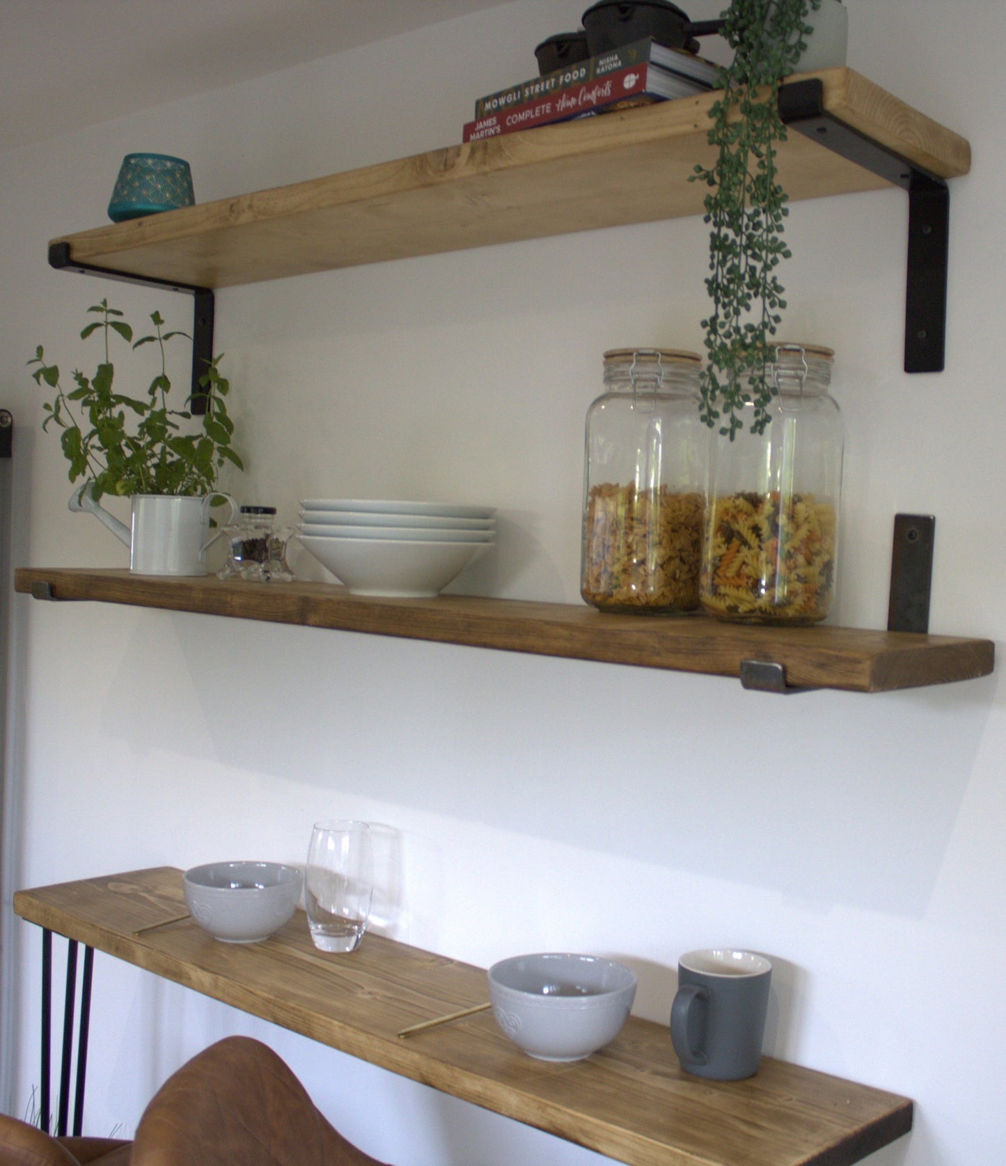 Handmade Wood Shelf from Reclaimed Scaffold Board with Steel Brackets