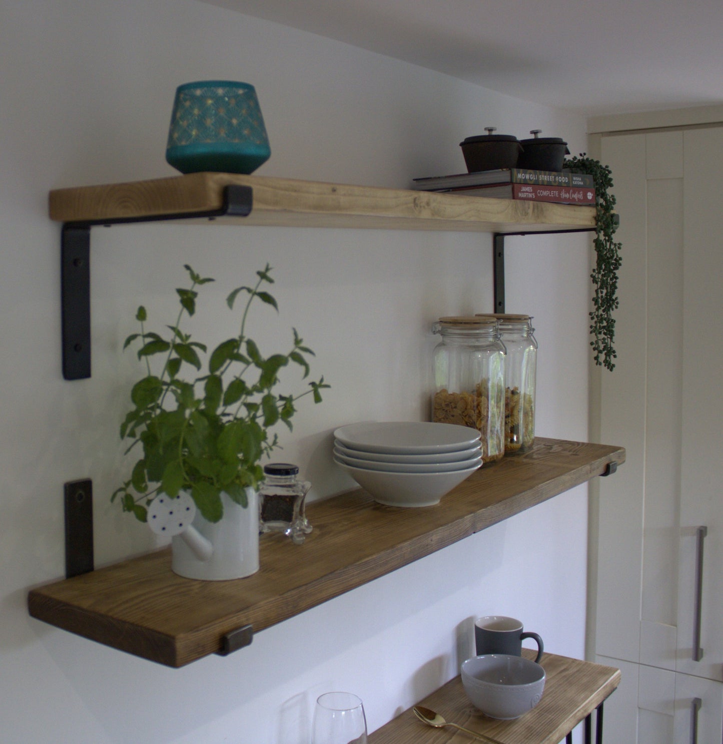 Handmade Wood Shelf from Reclaimed Scaffold Board with Steel Brackets