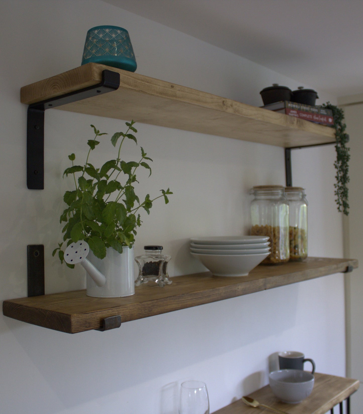 Handmade Wood Shelf from Reclaimed Scaffold Board with Steel Brackets
