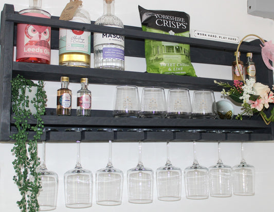 Handmade Wall Mounted Wooden Gin/Wine Bar with Shelf for Bottles and Glass Storage