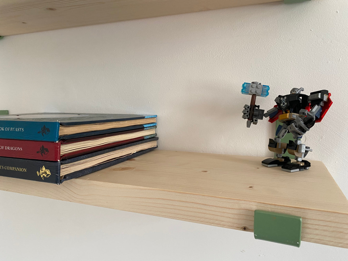 Handmade Wood Shelf from Reclaimed Scaffold Board with Pale Green Colour Steel Brackets
