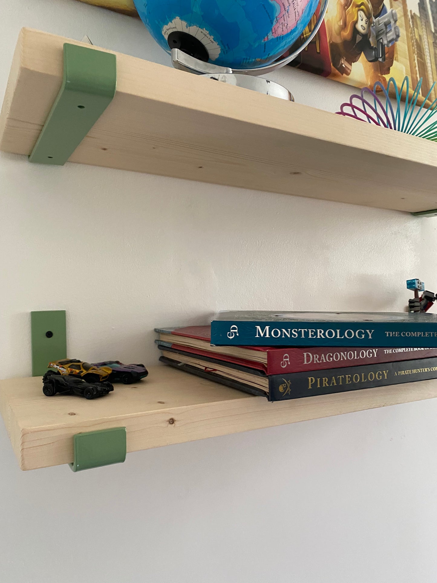 Handmade Wood Shelf from Reclaimed Scaffold Board with Pale Green Colour Steel Brackets