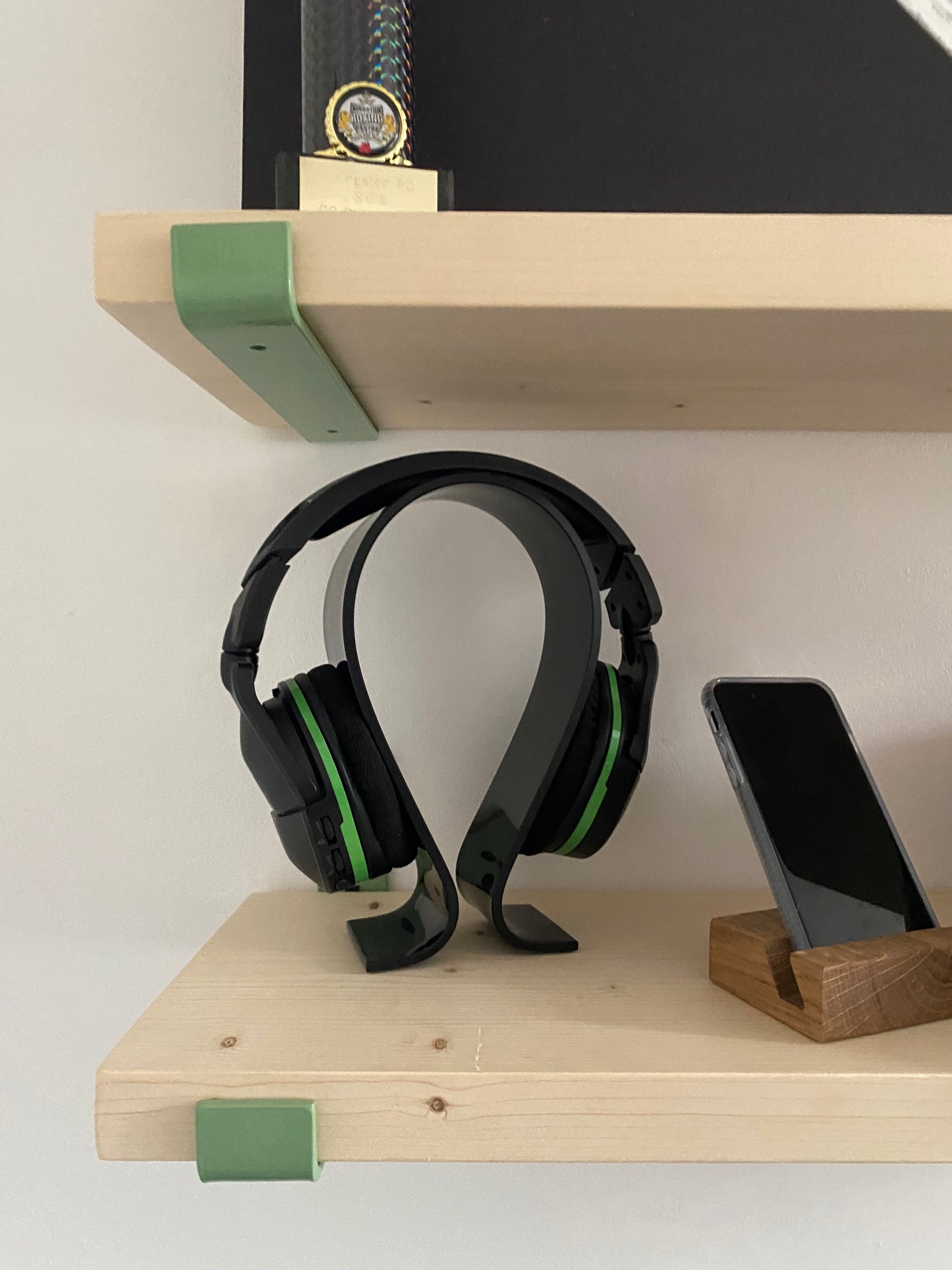 Handmade Wood Shelf from Reclaimed Scaffold Board with Pale Green Colour Steel Brackets