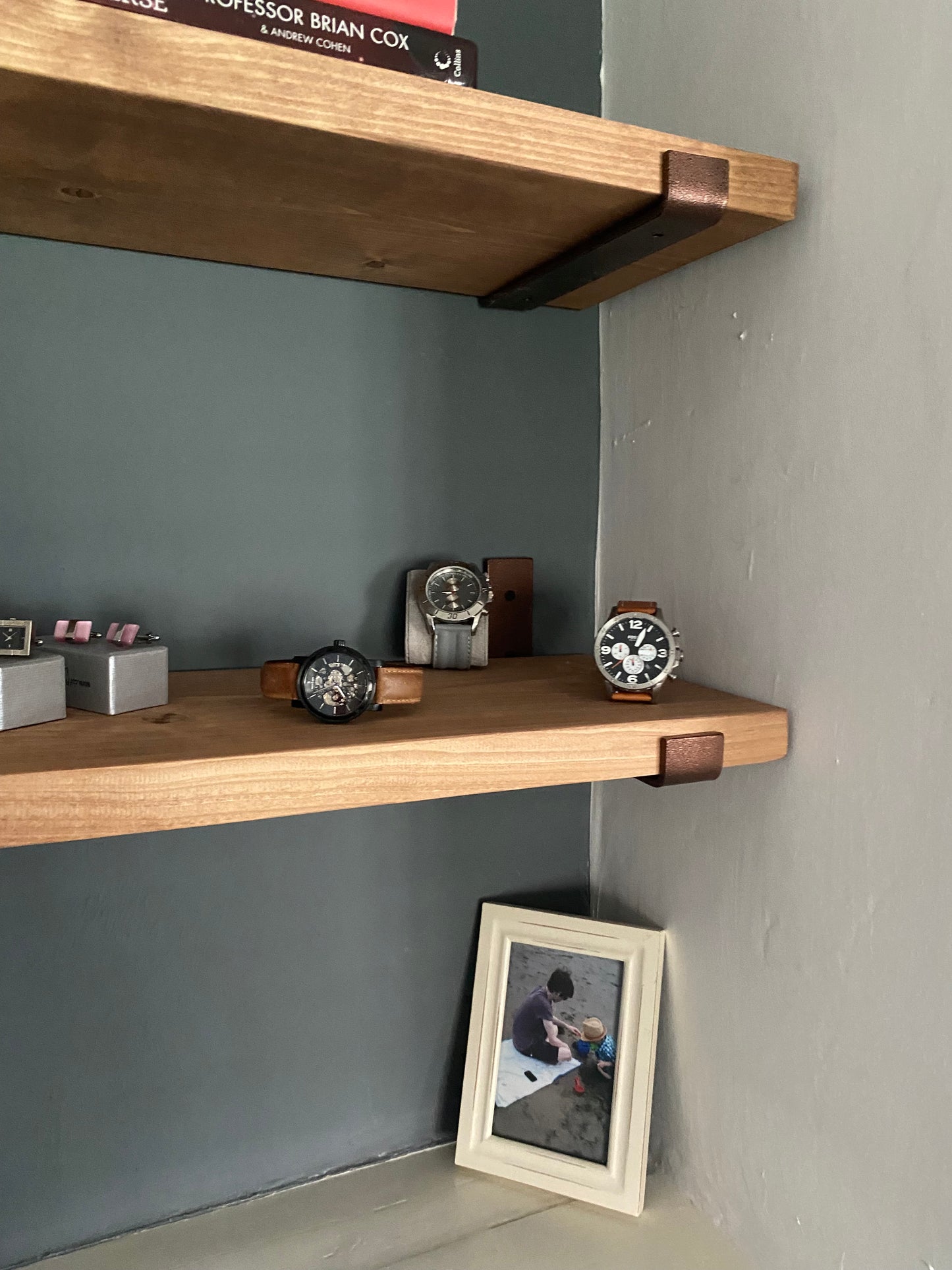 Handmade Wood Shelf from Reclaimed Scaffold Board with Copper Colour Steel Brackets
