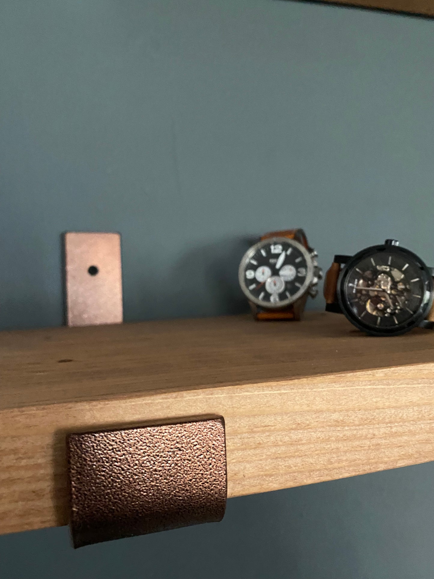 Handmade Wood Shelf from Reclaimed Scaffold Board with Copper Colour Steel Brackets