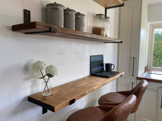 35cm Wide Handmade Wood Breakfast Bar from Reclaimed Scaffold Board with Copper Colour Steel Brackets