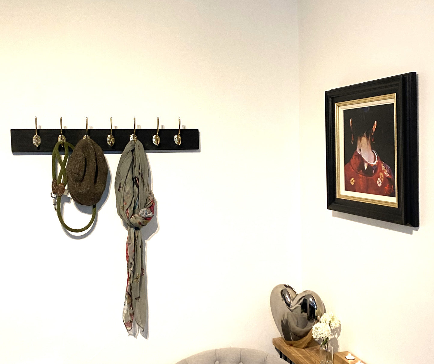 Wall Mounted Painted Wooden Coat Rack with Solid Brass Hooks in Gold