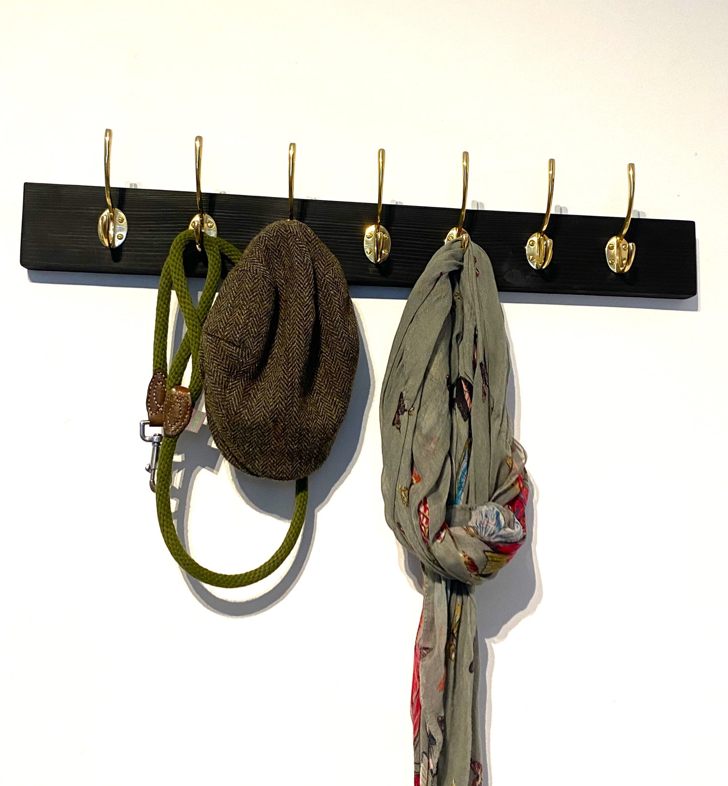 Wall Mounted Painted Wooden Coat Rack with Solid Brass Hooks in Gold