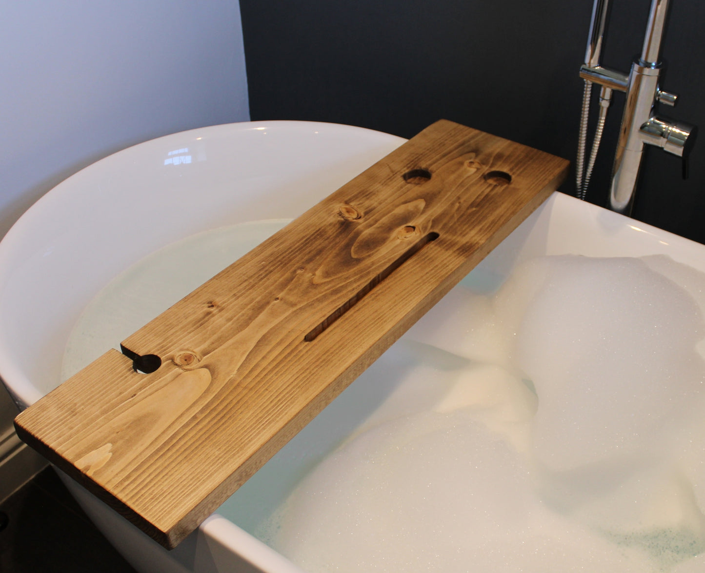 Rustic Bath Caddy Board with Wine Glass, Tablet and Tea Light Holders