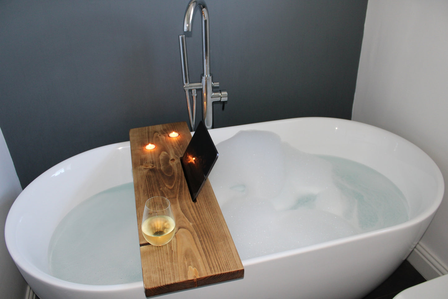 Rustic Bath Caddy Board with Wine Glass, Tablet and Tea Light Holders