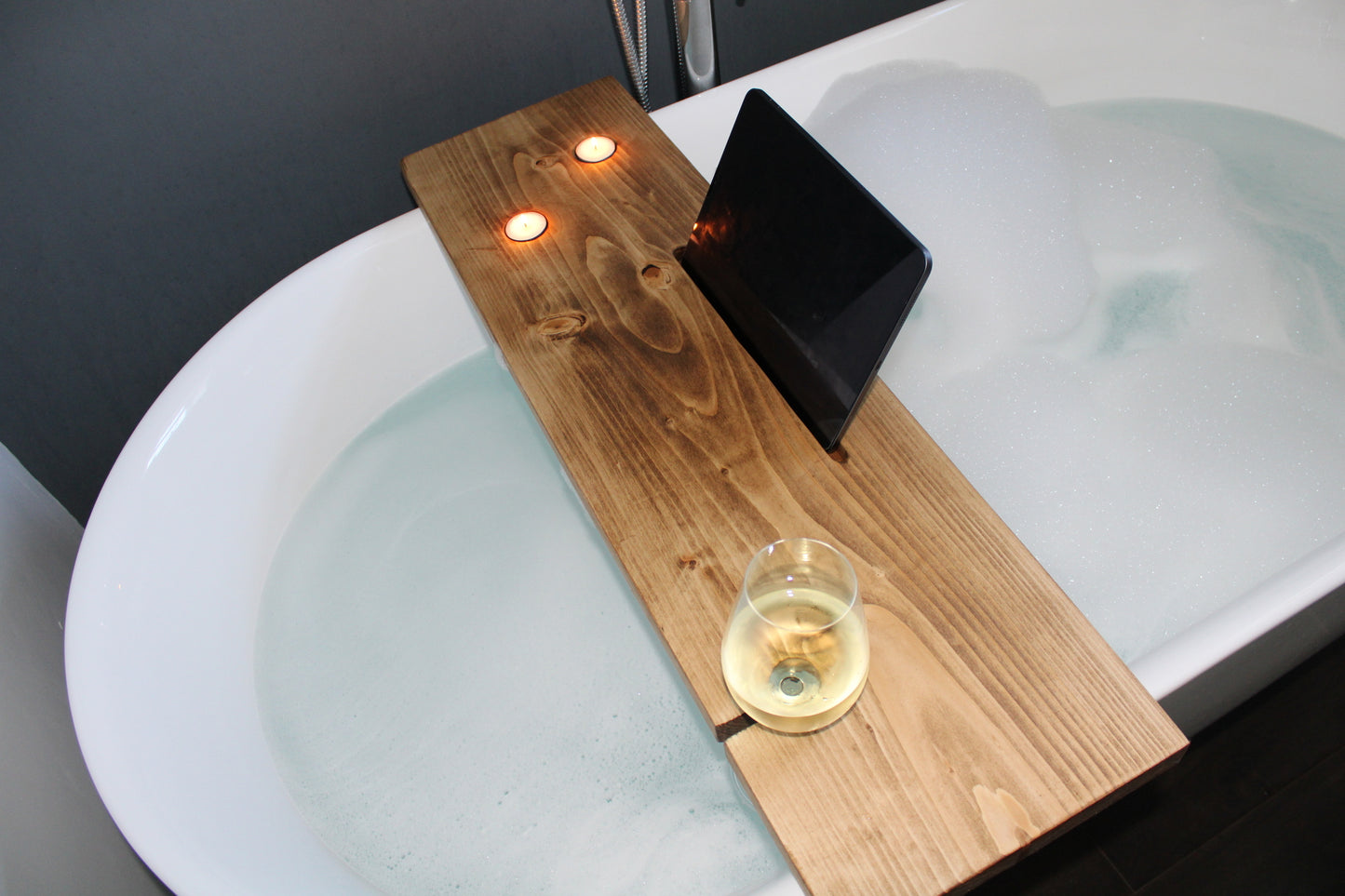 Rustic Bath Caddy Board with Wine Glass, Tablet and Tea Light Holders