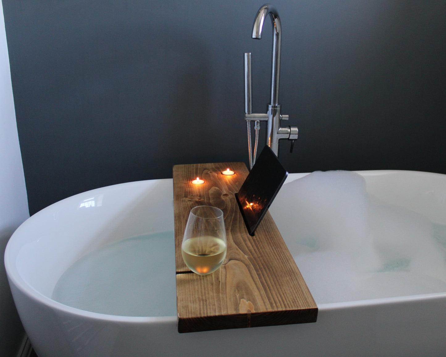 Rustic Bath Caddy Board with Wine Glass, Tablet and Tea Light Holders