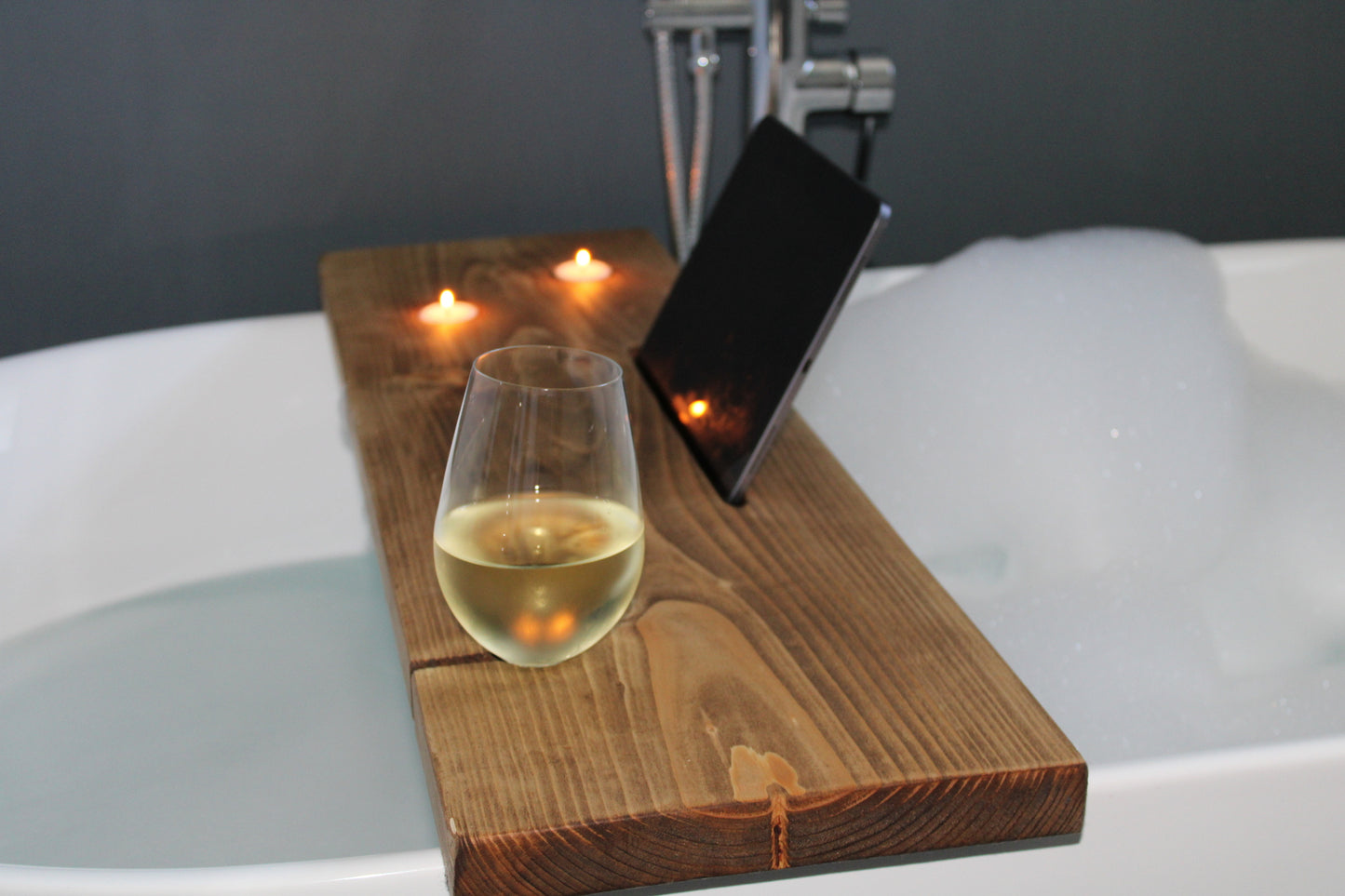 Rustic Bath Caddy Board with Wine Glass, Tablet and Tea Light Holders