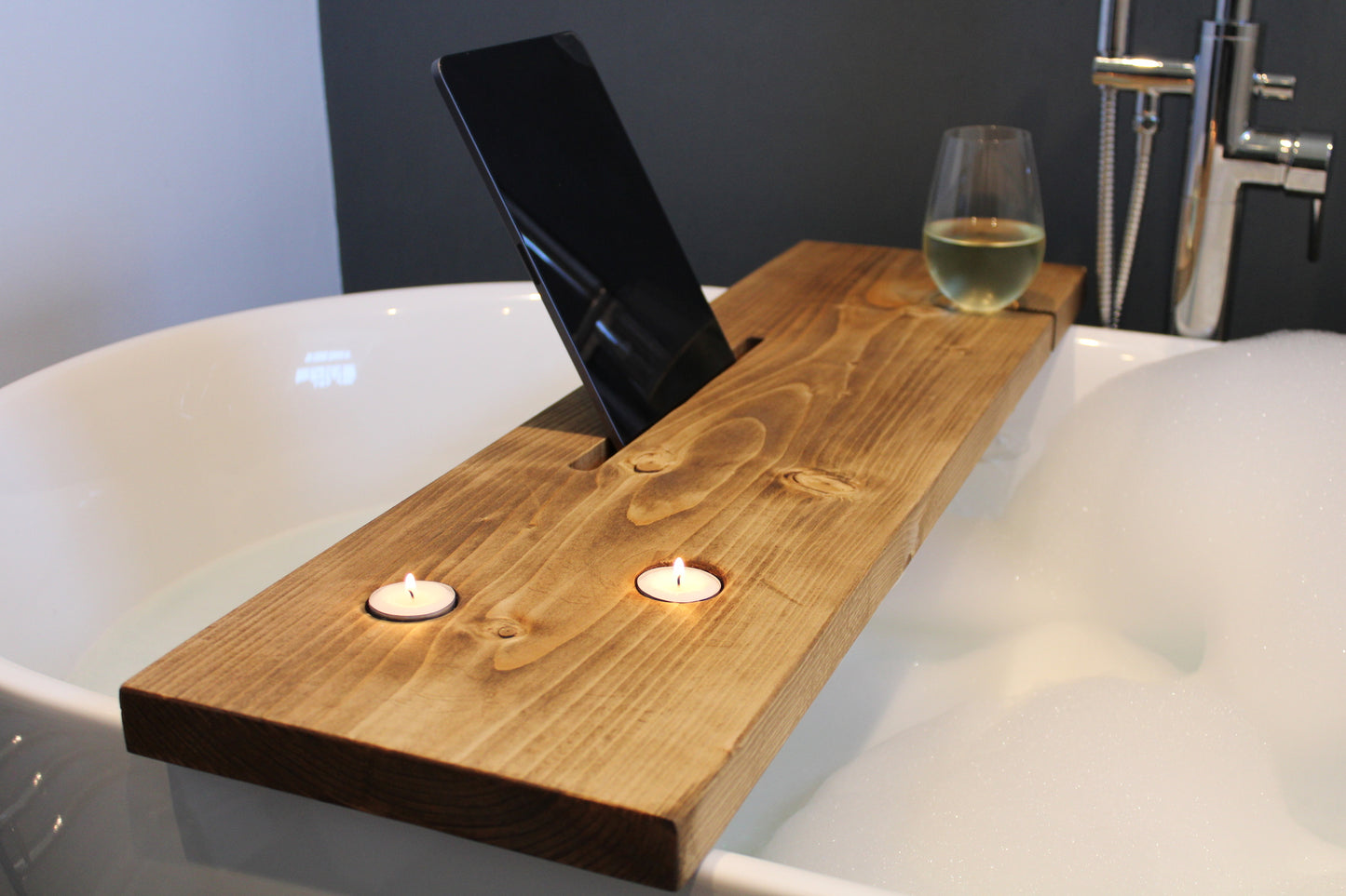 Rustic Bath Caddy Board with Wine Glass, Tablet and Tea Light Holders
