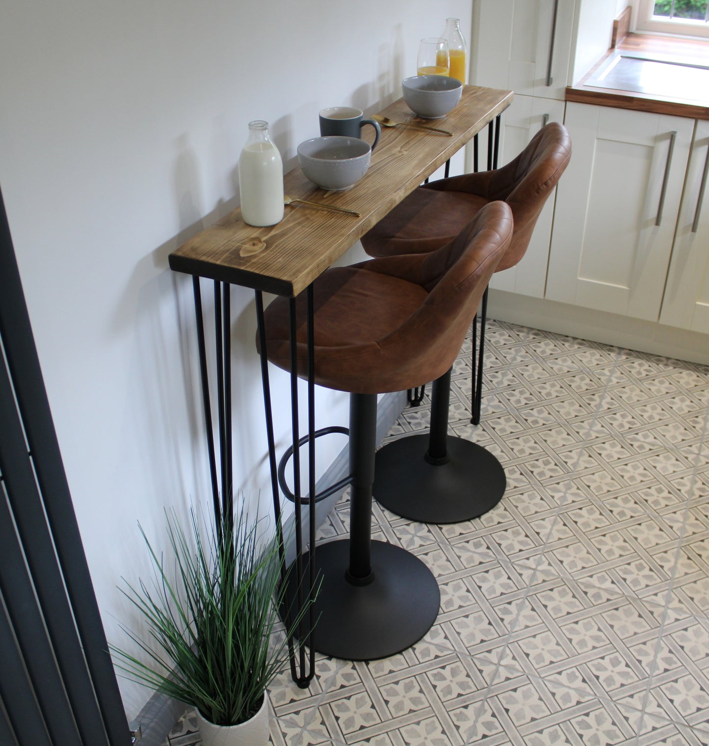Oversized 30cm Deep Breakfast Bar with Black Hairpin Legs, Scaffold Board