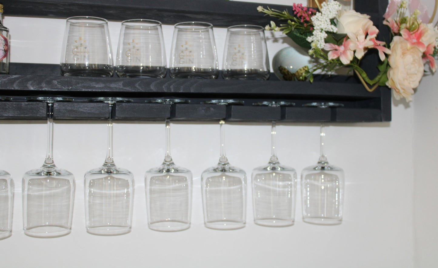 Handmade Wall Mounted Wooden Gin/Wine Bar with Shelf for Bottles and Glass Storage